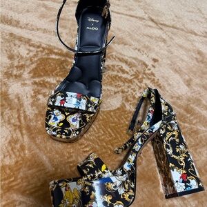 Aldo Black Platform Sandals with Gold and Multi-Color Disney Print